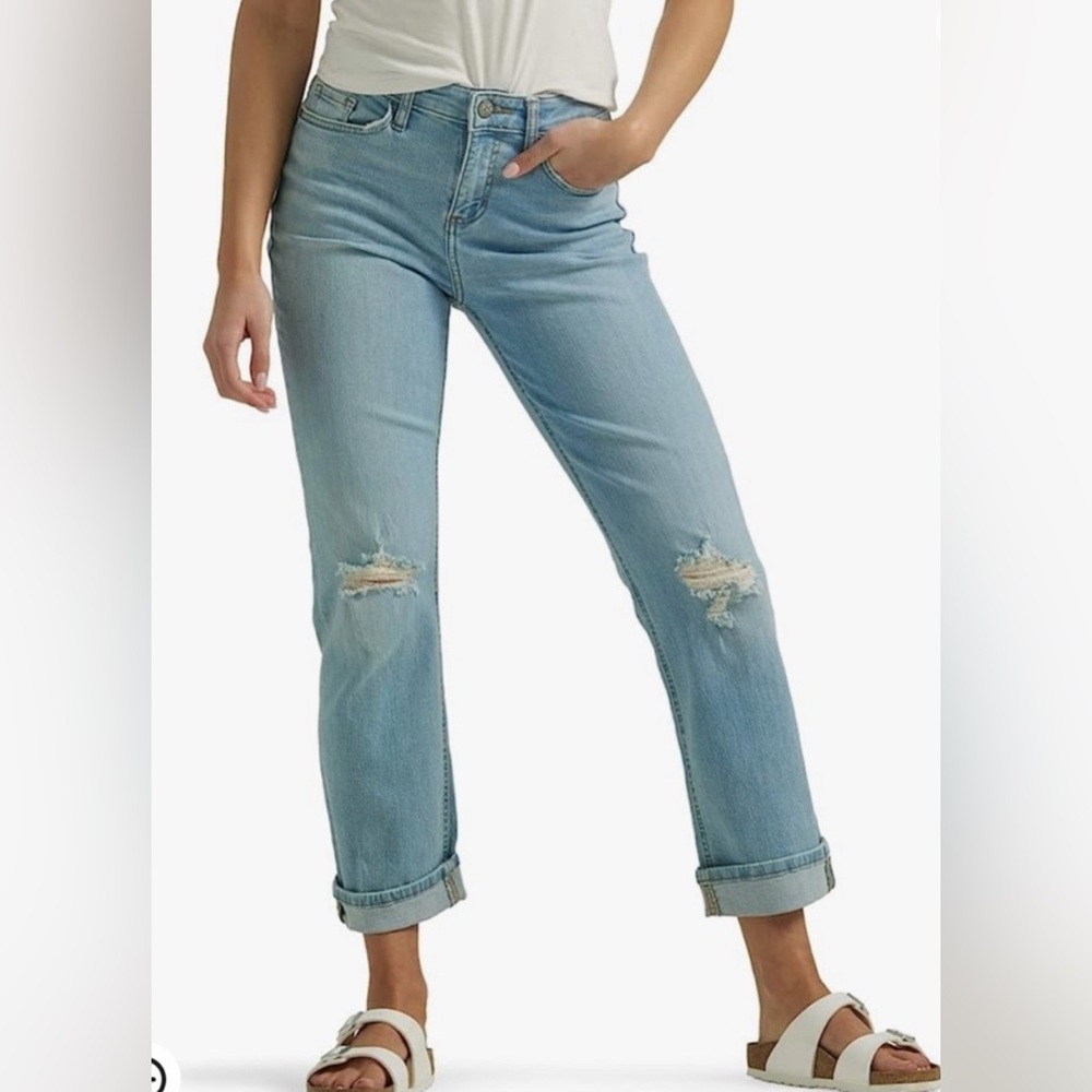 Lee Boyfriend Blue Jeans Mid Rise Rolled Cuff Light Wash Distressed Size 4